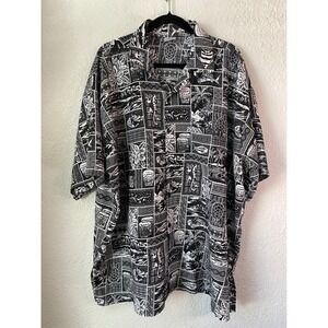 Rima Hawaiian Shirt Men's 2XL Black White Tropical Print Short Sleeve Button Up